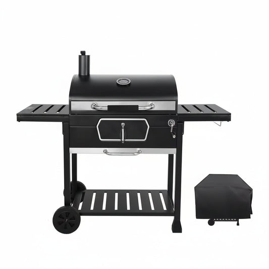 30 In. Charcoal Grill with Cover, BBQ Smoker Picnic Camping Patio Backyard Cooking in Black