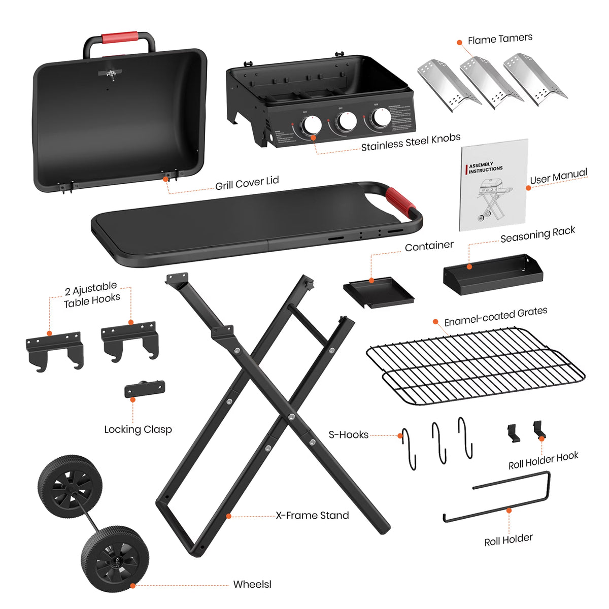 3-Burner Portable Grill with Foldable Legs, 30,000BTU Gas Grill , 415 SQ.IN Detachable Propane Grills, Non-Stick Porcelain Grate, Outdoor Bbq Grill for Camping, Tailgating, Backyard Cooking