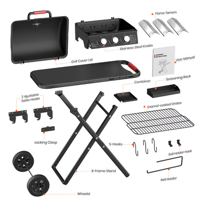 3-Burner Portable Grill with Foldable Legs, 30,000BTU Gas Grill , 415 SQ.IN Detachable Propane Grills, Non-Stick Porcelain Grate, Outdoor Bbq Grill for Camping, Tailgating, Backyard Cooking