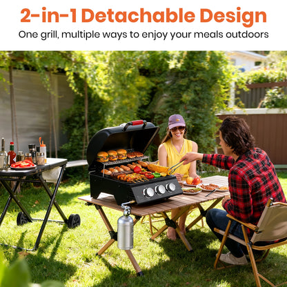 3-Burner Portable Grill with Foldable Legs, 30,000BTU Gas Grill , 415 SQ.IN Detachable Propane Grills, Non-Stick Porcelain Grate, Outdoor Bbq Grill for Camping, Tailgating, Backyard Cooking