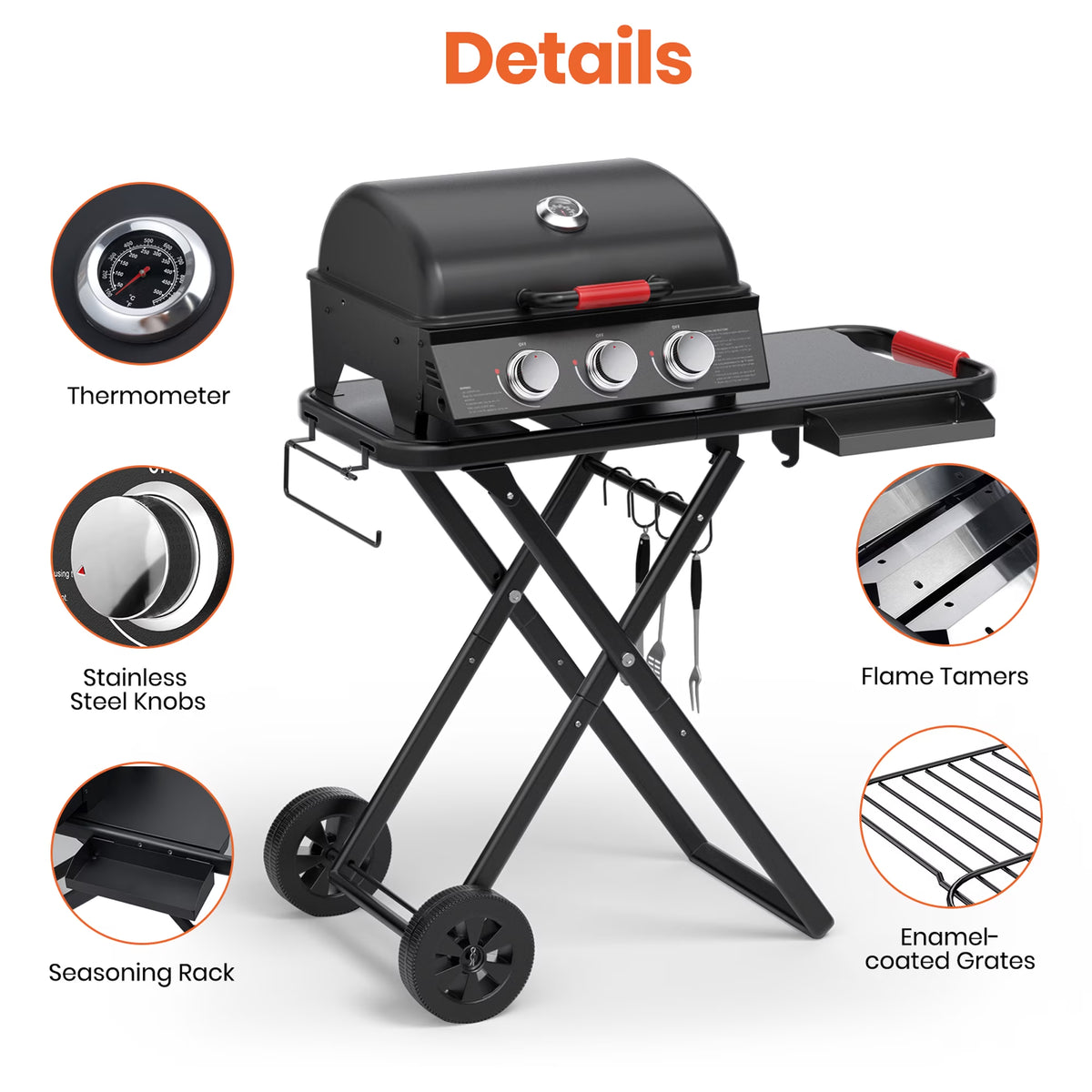 3-Burner Portable Grill with Foldable Legs, 30,000BTU Gas Grill , 415 SQ.IN Detachable Propane Grills, Non-Stick Porcelain Grate, Outdoor Bbq Grill for Camping, Tailgating, Backyard Cooking