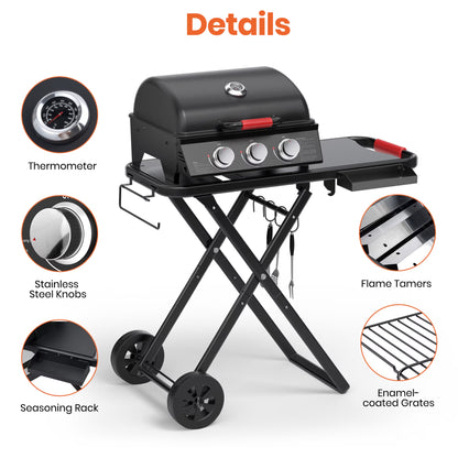 3-Burner Portable Grill with Foldable Legs, 30,000BTU Gas Grill , 415 SQ.IN Detachable Propane Grills, Non-Stick Porcelain Grate, Outdoor Bbq Grill for Camping, Tailgating, Backyard Cooking