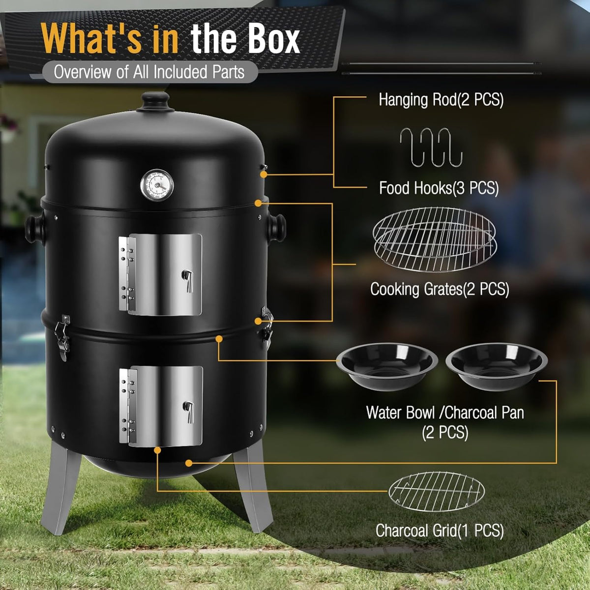BBQ Charcoal Smoker for Meat: 16 Inch Heavy Duty 4 in 1 BBQ Charcoal Grills