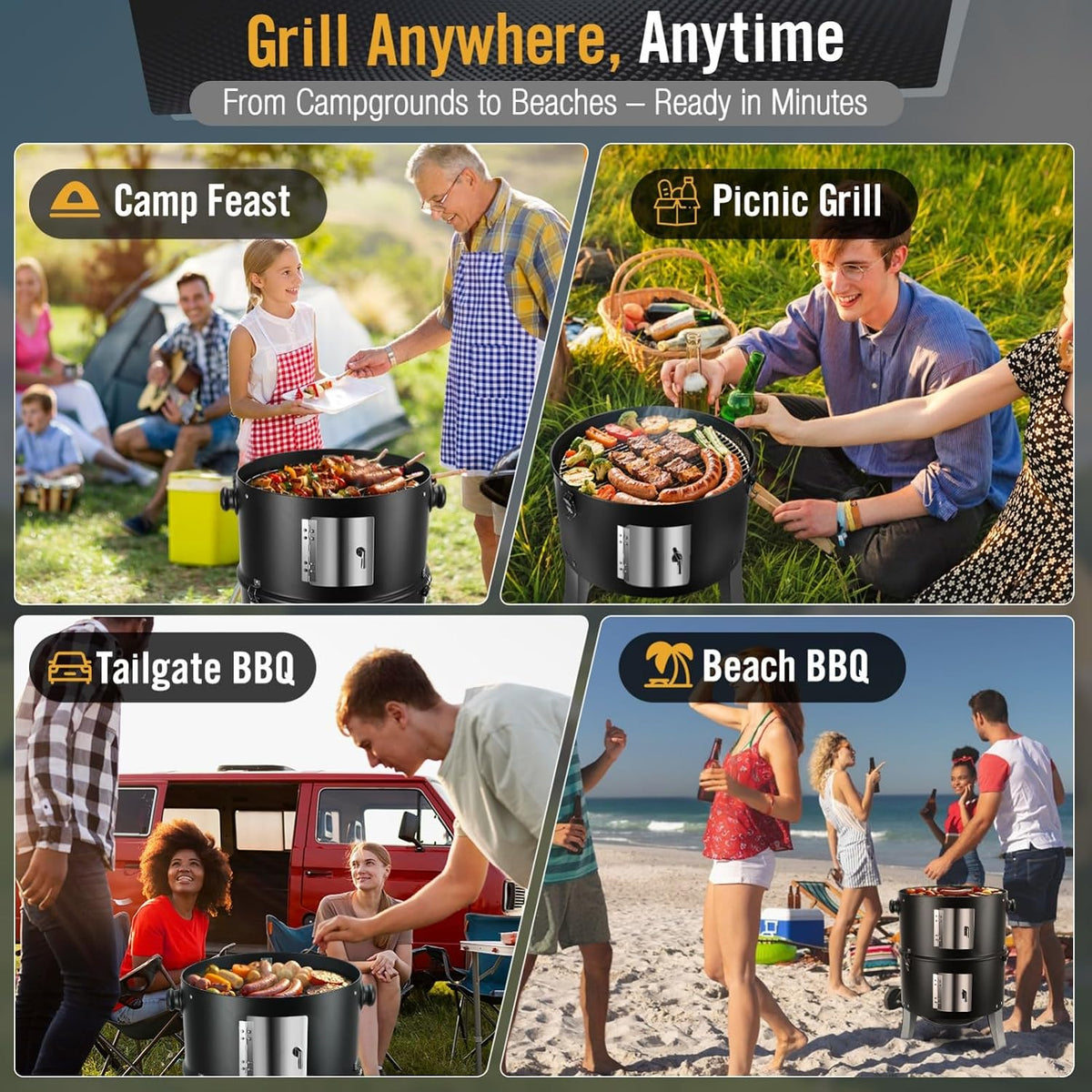 BBQ Charcoal Smoker for Meat: 16 Inch Heavy Duty 4 in 1 BBQ Charcoal Grills