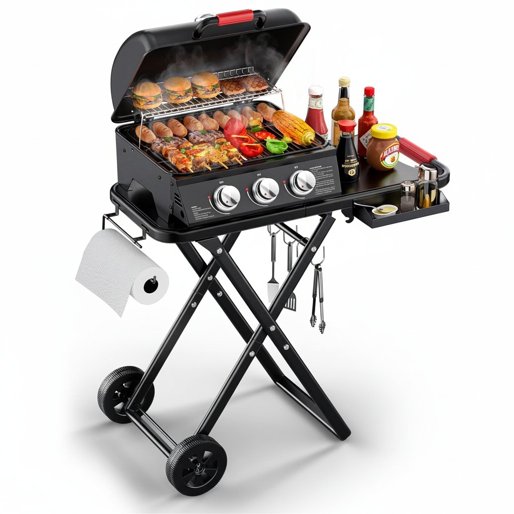 3-Burner Portable Grill with Foldable Legs, 30,000BTU Gas Grill , 415 SQ.IN Detachable Propane Grills, Non-Stick Porcelain Grate, Outdoor Bbq Grill for Camping, Tailgating, Backyard Cooking