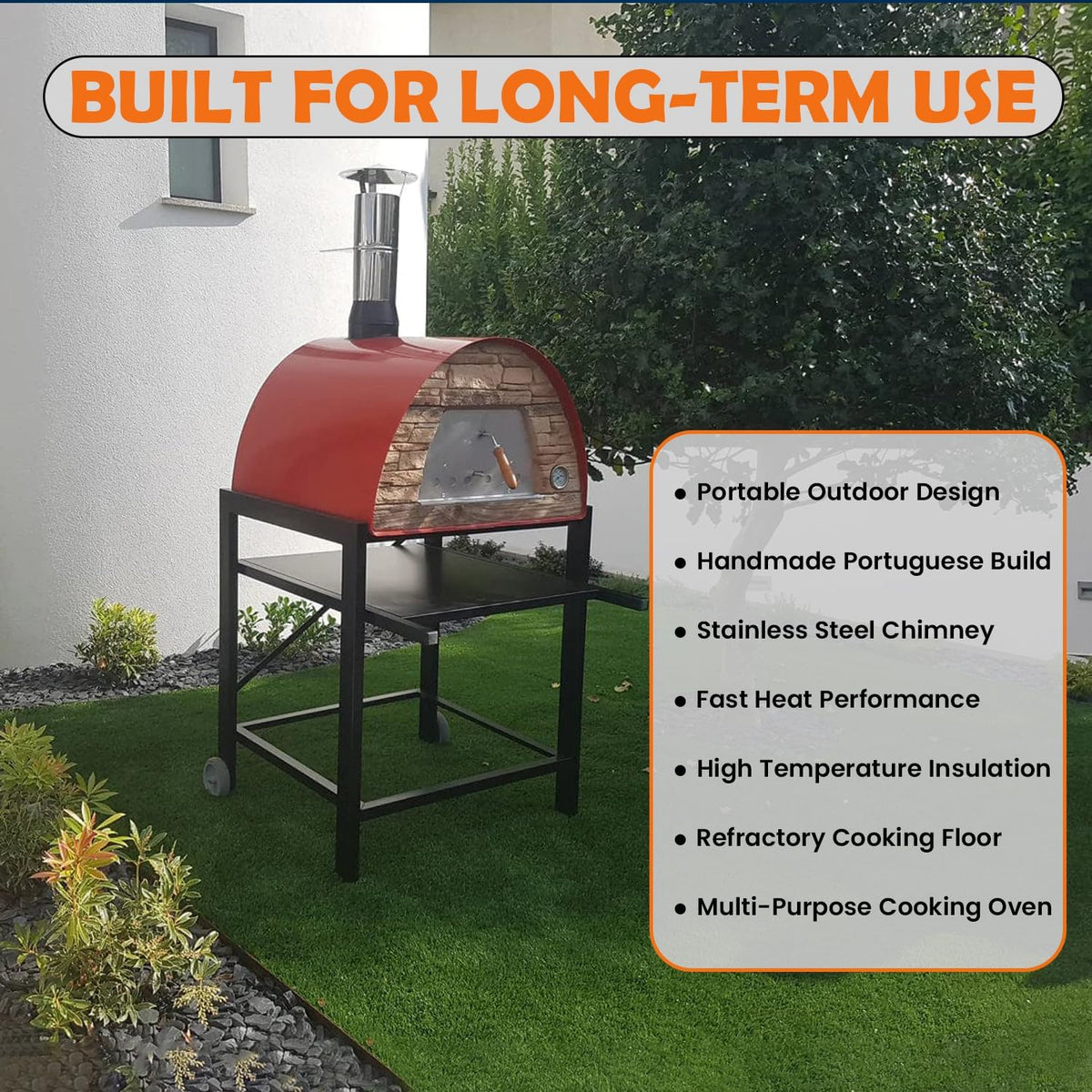 Maximus Red Wood-Fired Portable Outdoor Pizza Oven, Handmade in Portugal, Stainless Steel Chimney, Pizza Peel, Thermometer, Extra Floor Tile & Baking Dish Included