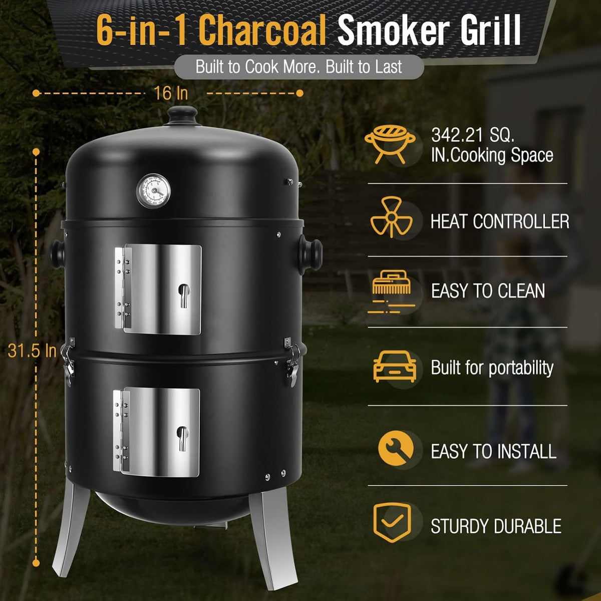BBQ Charcoal Smoker for Meat: 16 Inch Heavy Duty 4 in 1 BBQ Charcoal Grills