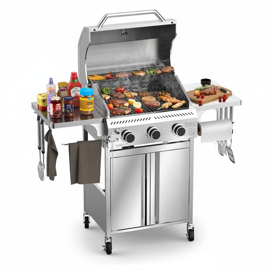 Propane Gas Grill, 3-Burner 24,000 BTU Stainless Steel BBQ Grill with Foldable Shelf for Outdoor Barbecue and Cooking
