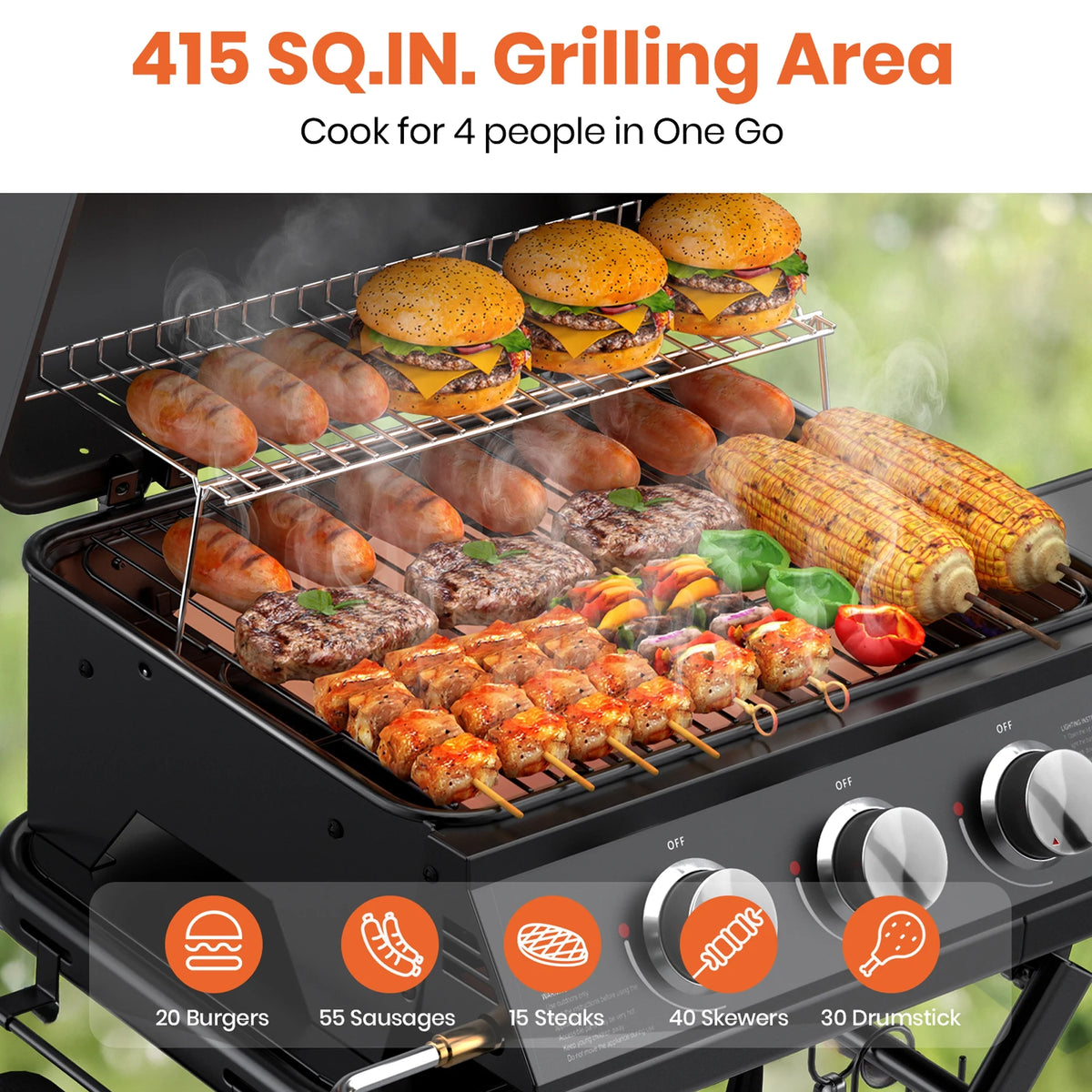 3-Burner Portable Grill with Foldable Legs, 30,000BTU Gas Grill , 415 SQ.IN Detachable Propane Grills, Non-Stick Porcelain Grate, Outdoor Bbq Grill for Camping, Tailgating, Backyard Cooking